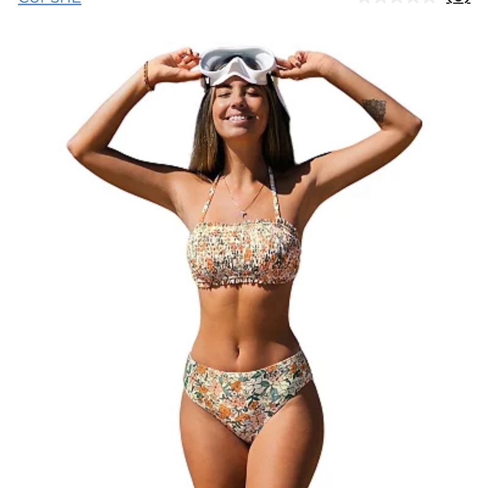 NWT - Cupshe Ditsy Floral Smock Tie Back Bandeau and Mid-rise Bikini Set